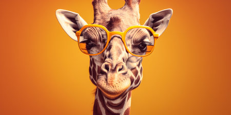 Portrait of a giraffe wearing orange glasses on orange background.の素材