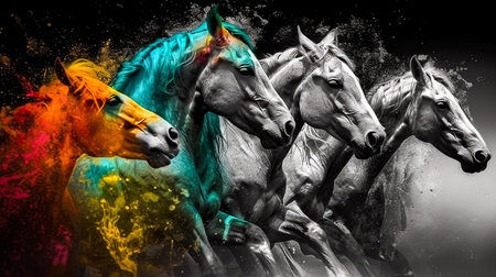 Horses with color splashes on a black background, collageの素材