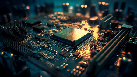 Electronic circuit board with microchips and microchips close upの素材