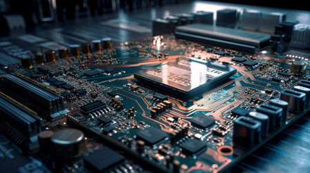 Circuit board closeup. Electronic computer hardware technology. Motherboard digital chip. Tech science backgroundの素材