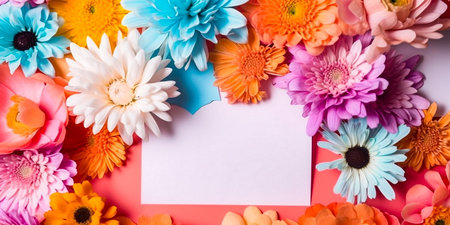 Top view of colorful flowers and blank card with copy space on pink backgroundの素材