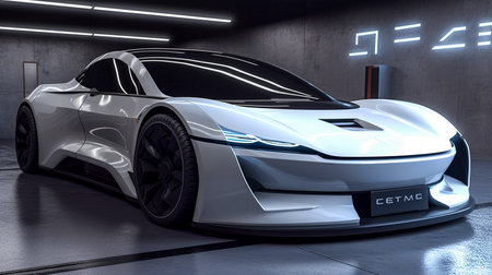 3D rendering of a brand-less generic concept car in a garageの素材
