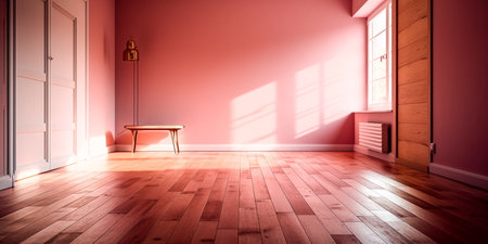Interior of a room with pink walls and wooden floor 3D renderingの素材