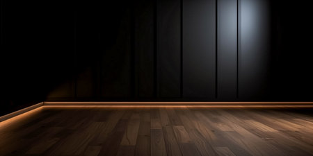 3D rendering of a dark room with wooden floor and black wallの素材