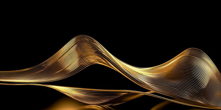 Abstract golden waves on black background. 3d rendering, 3d illustration.の素材