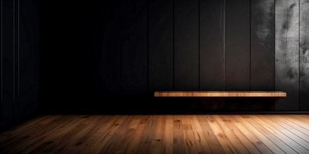 Empty wooden shelf in dark room with wooden wall and floor - 3D renderingの素材