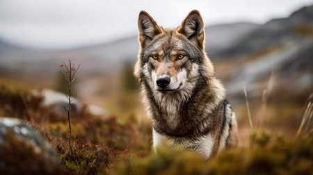 Portrait of a gray wolf (Canis lupus) in the Scottish Highlands.の素材