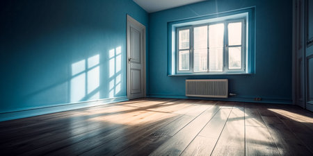 Empty room with window and heating radiator in blue color. 3D renderingの素材