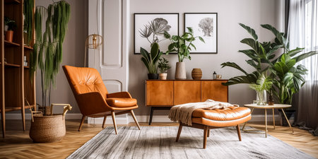 Stylish living room interior design with brown armchairs, plants and personal accessoriesの素材