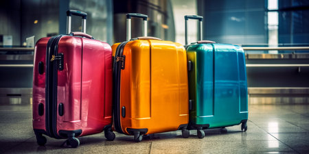 Colorful luggage in airport terminal. Travel and tourism concept. Vintage tone.の素材