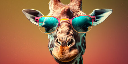 Portrait of giraffe wearing sunglasses on colorful background. Collage.の素材