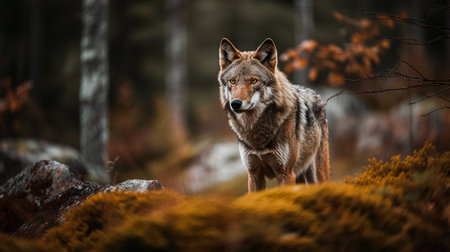 Gray wolf (Canis lupus) in the autumn forestの素材