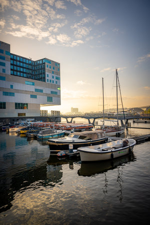 Boats and yachts moored in the harbor of Amsterdam, Hollandの写真素材