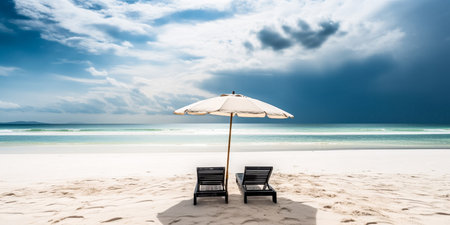 Umbrella and chair on the beach with sea and sky backgroundの素材