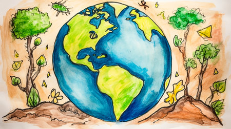 Watercolor sketch of planet earth with trees and plants on a white backgroundの素材