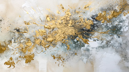 abstract background with gold paint splashes and stains on the wallの素材