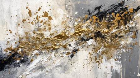 abstract oil painting on canvas. white, black and gold colorsの素材