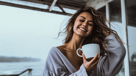 Beautiful young woman in bathrobe is drinking coffee and smiling while standing on the balcony at homeの素材