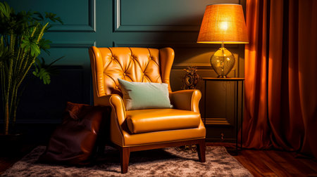 Vintage armchair with pillows and a lamp in the interiorの素材
