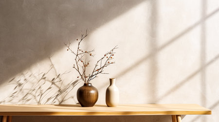 Ceramic vase on wooden table in front of concrete wallの素材