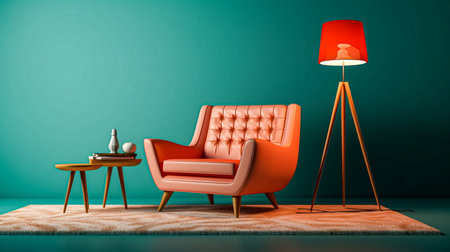 Living room interior with red armchair, coffee table and lamp. 3D renderingの素材