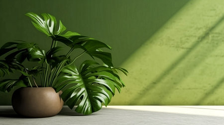 3d render of monstera plant in pot on table with green wall backgroundの素材