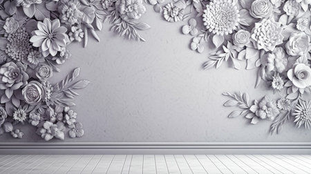 3D rendering of white wall background with floral ornaments.の素材