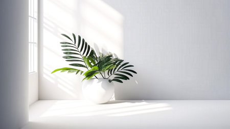 Green plant in white vase on white wall background. 3d renderingの素材