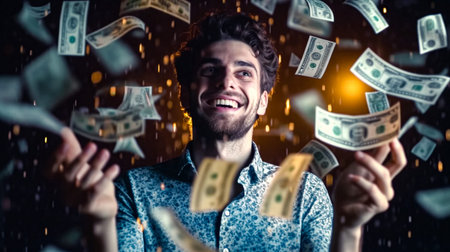 Portrait of cheerful young man with money rain falling on his handsの素材