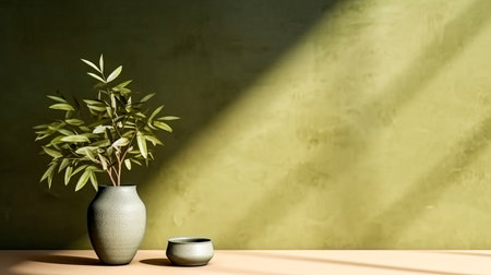 Green plant in vase on table and green wall background with shadowの素材