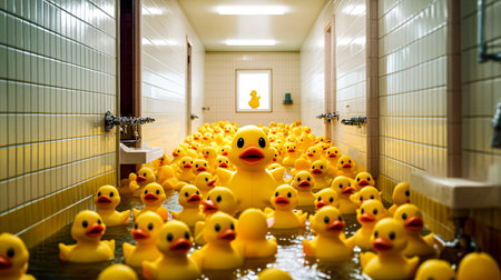 Yellow rubber ducks in a bathtub with a mirror in the backgroundの素材