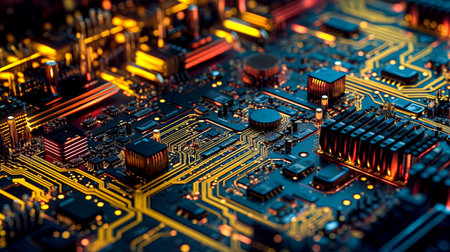 Electronics circuit board. Electronic computer hardware technology. Motherboard digital chip. Tech science background.の素材
