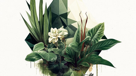 Abstract background with tropical leaves and flowers. Digital painting. Illustration.の素材