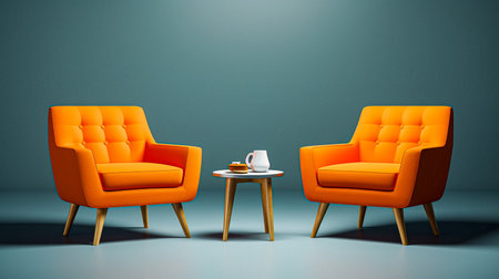 Two orange armchairs and coffee table in blue interior. 3D renderingの素材
