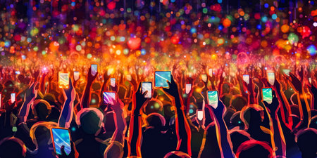 Concert crowd at a music festival, hands in the air.の素材