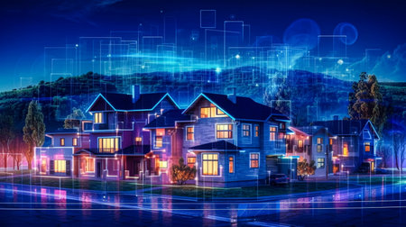 Night view of a modern residential area with a cityscape. 3d renderingの素材