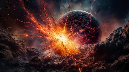 3D rendering of an alien planet in space with a blast of fireの素材