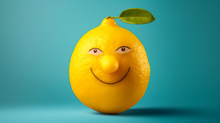 Lemon with a smiley face on a blue background. 3d illustrationの素材