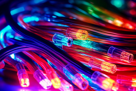 Fiber optic cables with LED lights, closeup of photoの素材
