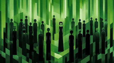 Silhouettes of a group of business people on a green backgroundの素材