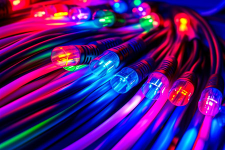 network cable closeup with colorful lights, 3d rendering computer digital drawingの素材
