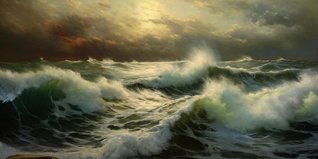 Beautiful seascape with stormy sea waves at sunset.の素材