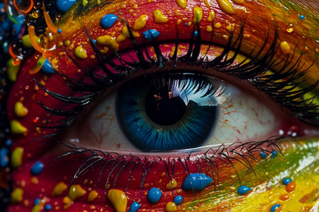 Close-up shot of beautiful woman's eye with multicolored makeupの素材