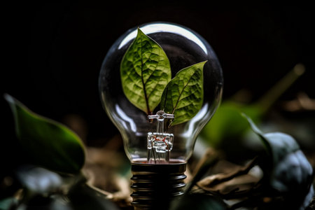Ecology concept. Light bulb with green leaves inside on dark backgroundの素材