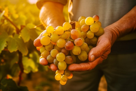 Close-up of male hands holding bunch of grapes in vineyardの素材
