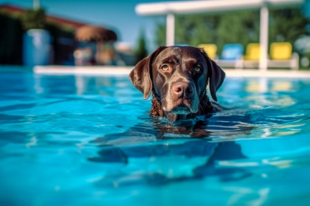 German Shorthaired Pointer swimming in a swimming pool. Selective focus.の素材