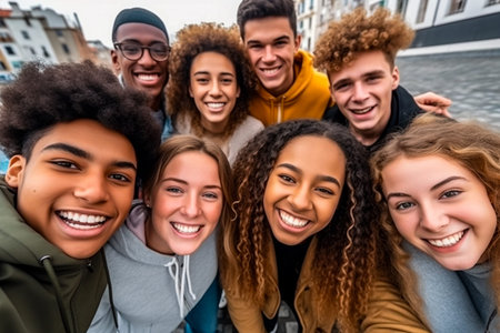 multiethnic group of friends smiling and looking at camera in cityの素材