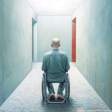 Rear view of a senior man in a wheelchair in an empty roomの素材