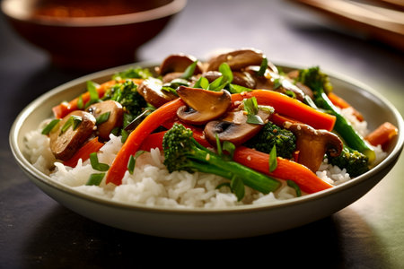 Rice with stir-fried vegetables and mushrooms. Shallow dof.の素材