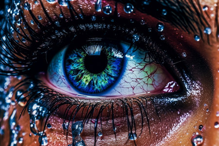 Close up of beautiful woman's eye with drops of water on her face.の素材